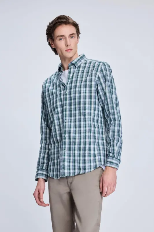 Haki Slim Fit Kareli Düğmeli Yaka Uzun Kollu Pamuklu Gömlek - Haki - 3