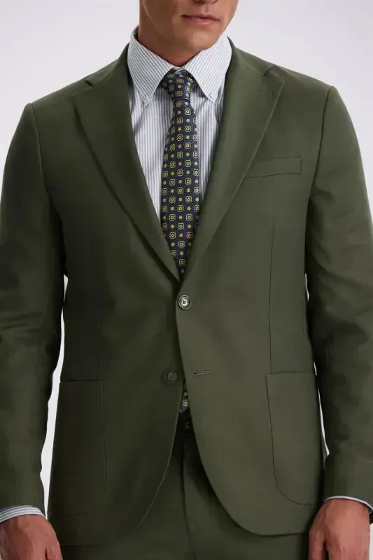 Haki Slim Fit Mono Yaka Tensel Kumaş Çift Yırtmaç Torba Cepli Takım Elbise - 2