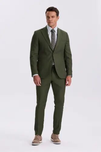 Haki Slim Fit Mono Yaka Tensel Kumaş Çift Yırtmaç Torba Cepli Takım Elbise 