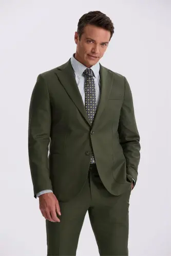 Haki Slim Fit Mono Yaka Tensel Kumaş Çift Yırtmaç Torba Cepli Takım Elbise - JAKAMEN (1)