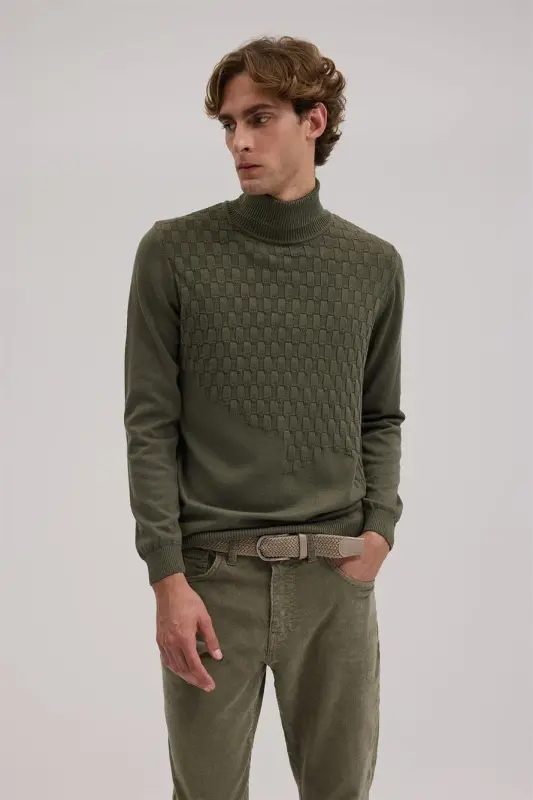 Haki Slim Fit naqshli toʻliq baland yoqali triko - 1