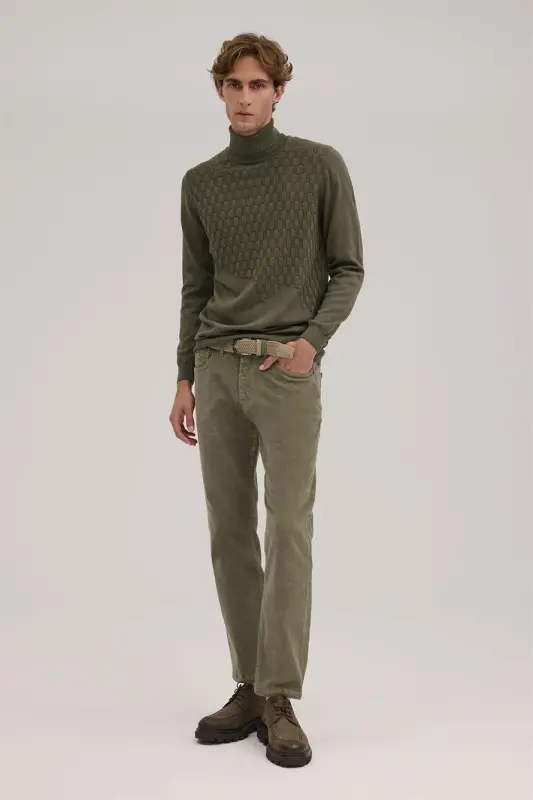 Haki Slim Fit naqshli toʻliq baland yoqali triko - 2