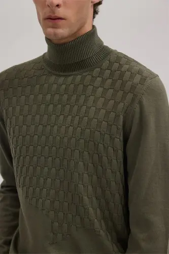 Haki Slim Fit naqshli toʻliq baland yoqali triko - 3