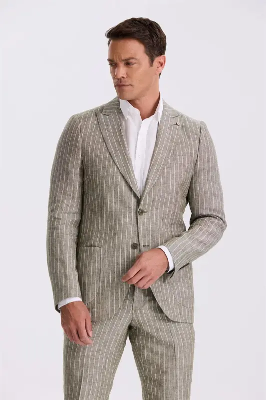 Haki Slim Fit Qaldirg'och Yaka Ikki Yirtiq %100 Zig'ir Sportli Kostyum - 2