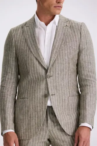 Haki Slim Fit Qaldirg'och Yaka Ikki Yirtiq %100 Zig'ir Sportli Kostyum - 3