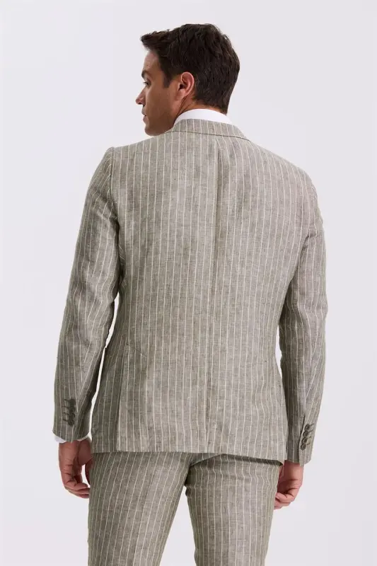 Haki Slim Fit Qaldirg'och Yaka Ikki Yirtiq %100 Zig'ir Sportli Kostyum - 4