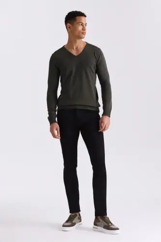 Haki Slim Fit V Yaka Triko Kazak - JAKAMEN (1)