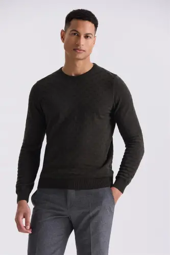 Haki Slim Fit Velosiped Yoqali Naqshli Trikotaj Kozok 