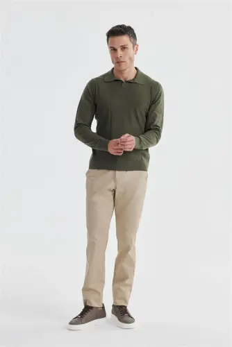 Haki Slim Fit Yün Kaşmir Aralash naqshli Polo Yoqali Trikotaj - 1