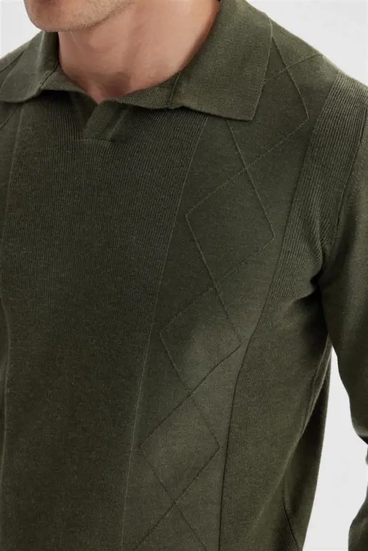 Haki Slim Fit Yün Kaşmir Aralash naqshli Polo Yoqali Trikotaj - 3