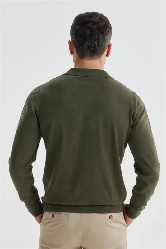 Haki Slim Fit Yün Kaşmir Aralash naqshli Polo Yoqali Trikotaj - 4