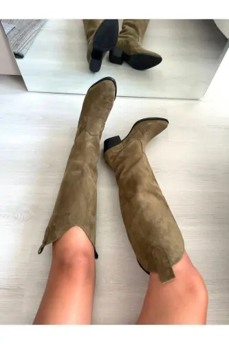 Haki Süet Western Tarzı Dizaltı Uzun Kadın Çizme - Haki - SHOEBOURNE (1)
