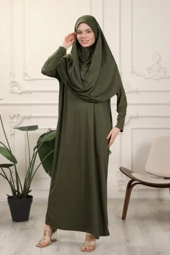 Haki Tek Parça Kolay Kullanımlı Kendiliğinden Başörtülü Namaz Elbisesi-Haki - 4