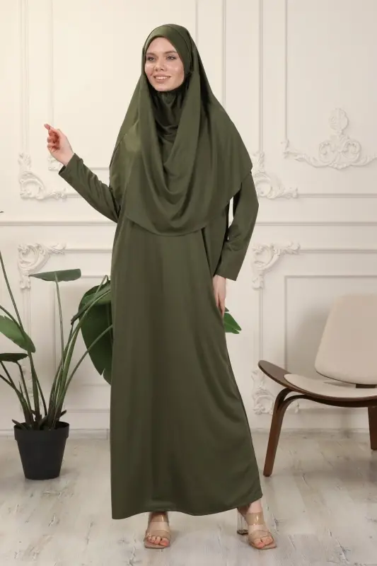 Haki Tek Parça Kolay Kullanımlı Kendiliğinden Başörtülü Namaz Elbisesi - Haki - 1