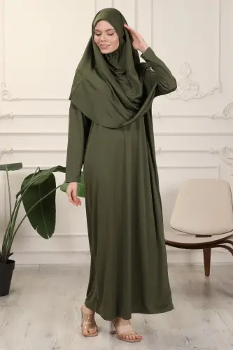 Haki Tek Parça Kolay Kullanımlı Kendiliğinden Başörtülü Namaz Elbisesi - Haki - 5