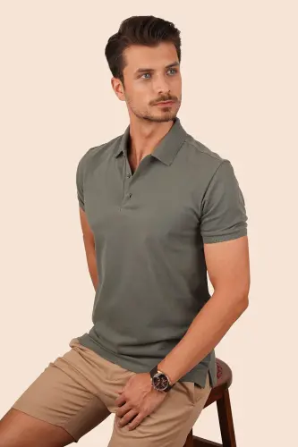 Haki Yaka Desenli Erkek Polo Yaka Tişört-Haki - 3