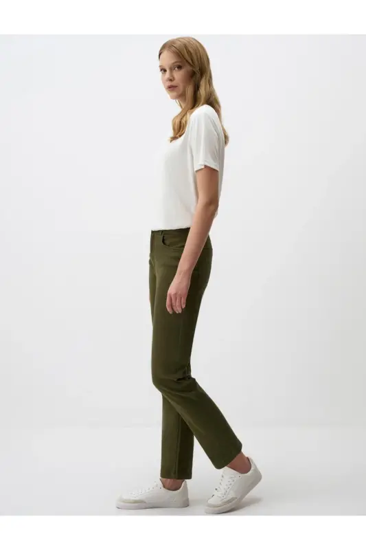 Haki Yüksek Bel Normal Paça Denim Pantolon - Haki - 3