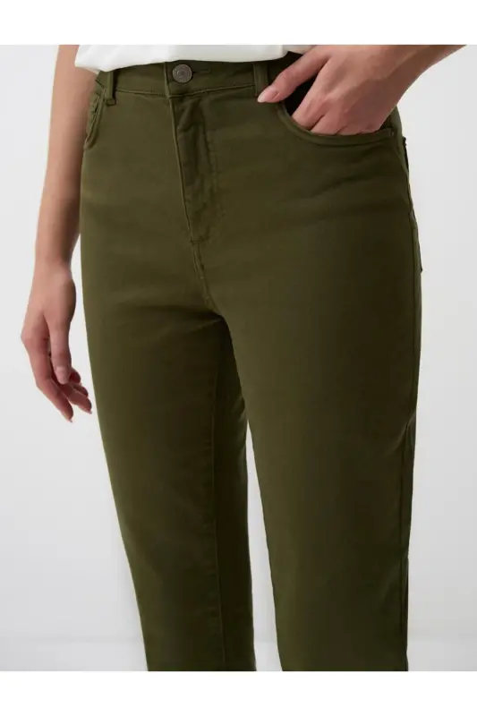 Haki Yüksek Bel Normal Paça Denim Pantolon - Haki - 5