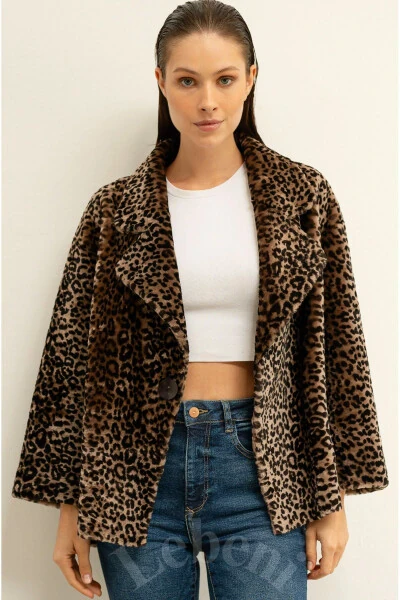 Hakiki Deri Ceket Kadın - Tek Düğmeli Oversize Kürk Peluş Ceket Kadın-Leopar Desenli Hakiki Koyun Derisi Peluş Ceket - Modazone