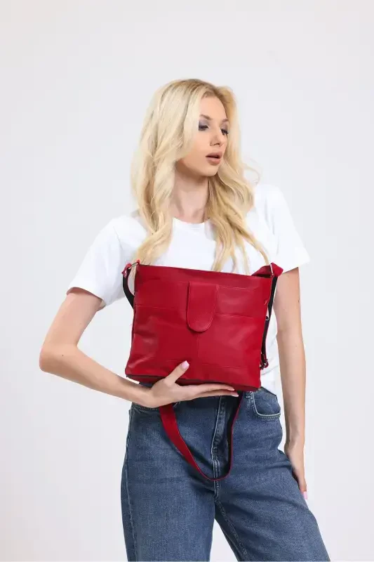 Hakiki Deri Crossbody Postacı Çanta-Kırmızı Bayrak - 2