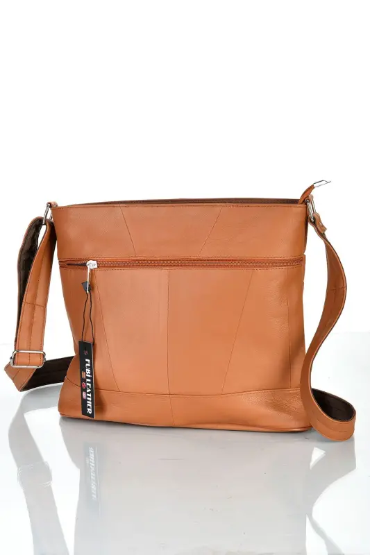 Hakiki Deri Crossbody Postacı Çanta-TABA RENGİ - 2