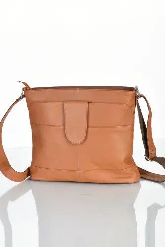 Hakiki Deri Crossbody Postacı Çanta-TABA RENGİ - 1