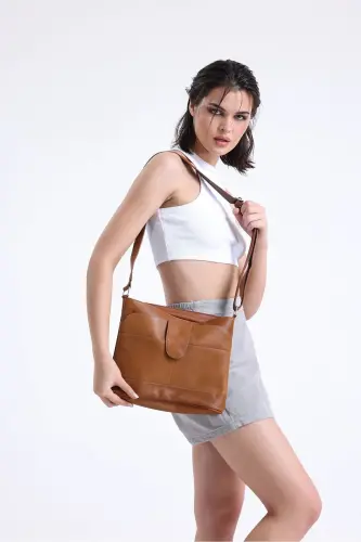 Hakiki Deri Crossbody Postacı Çanta-TABA RENGİ - 4