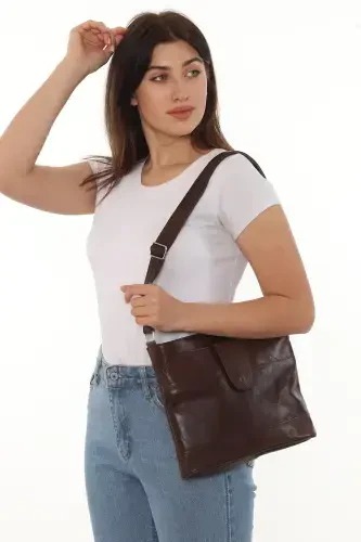 Hakiki Deri Crossbody Postacı Çantası-kahverengi=Сумка-мессенджер через плечо из натуральной кожи - коричневая - 3