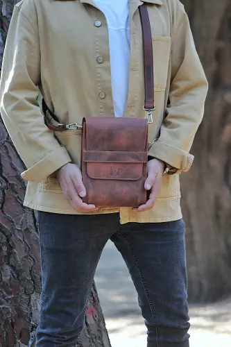 HAKİKİ DERİ DİK POSTACI ÇANTASI / OMUZ ÇANTASI / ERKEK KADIN ÇAPRAZ ÇANTA / UNISEX / HEDİYE KUTULU-TABA - 7