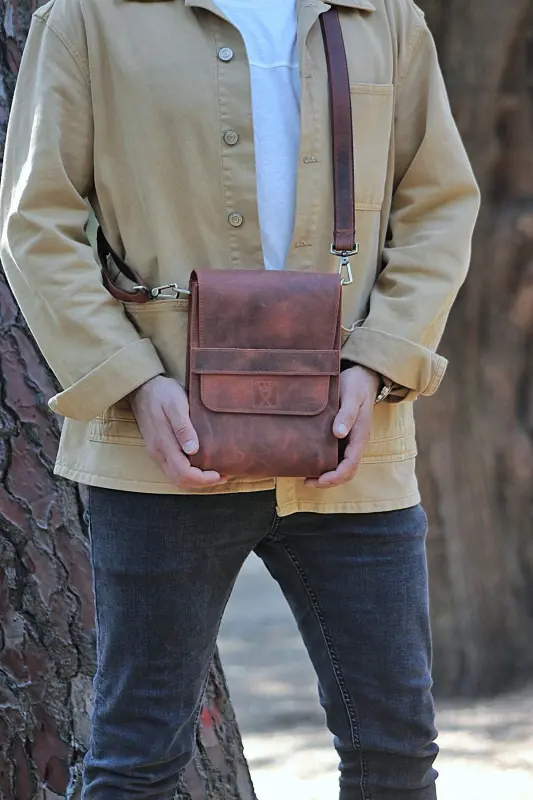 HAKİKİ DERİ DİK POSTACI ÇANTASI / OMUZ ÇANTASI / ERKEK KADIN ÇAPRAZ ÇANTA / UNISEX / HEDİYE KUTULU-TABA - 7