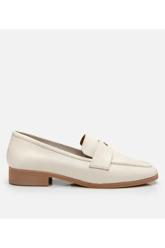 Kadın Deri Ekru Esnek Tabanlı Klasik Loafer - KEMİK-ECRU - 1