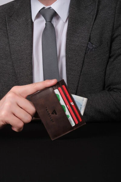 Hakiki Deri Erkek Kartlık Cüzdan Rfid Korumalı El Yapımı Ve Ince Tasarım Kahverengi-Kahverengi - TANGCARF