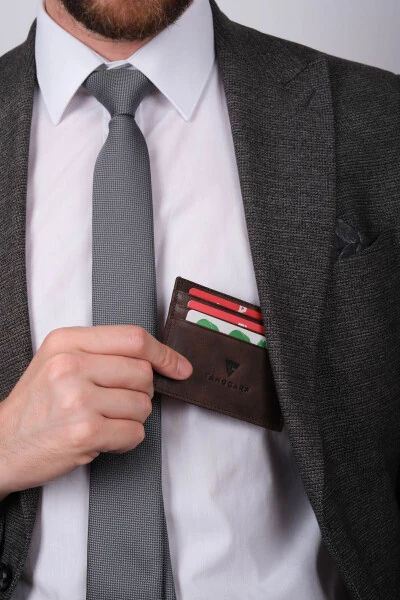 Hakiki Deri Erkek Kartlık Cüzdan Rfid Korumalı El Yapımı Ve Ince Tasarım Kahverengi-Kahverengi - TANGCARF (1)