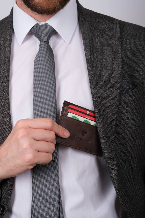 Hakiki Deri Erkek Kartlık Cüzdan Rfid Korumalı El Yapımı Ve Ince Tasarım Kahverengi - Kahverengi - 11