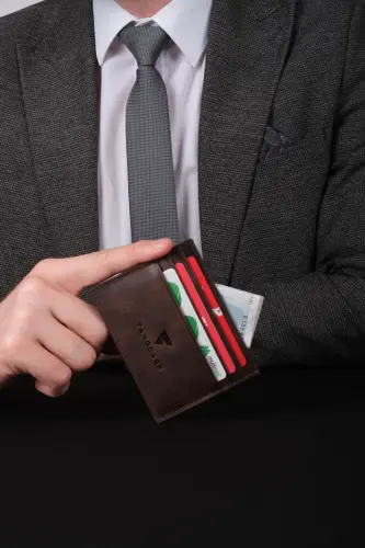 Hakiki Deri Erkek Kartlık Cüzdan Rfid Korumalı El Yapımı Ve Ince Tasarım Kahverengi - Kahverengi - 1