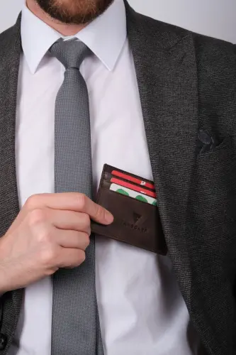 Hakiki Deri Erkek Kartlık Cüzdan Rfid Korumalı El Yapımı Ve Ince Tasarım Kahverengi - Kahverengi - TANGCARF (1)
