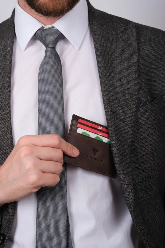 Hakiki Deri Erkek Kartlık Cüzdan Rfid Korumalı El Yapımı Ve Ince Tasarım Kahverengi - Kahverengi - 2