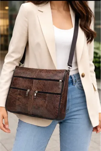 HAKİKİ DERİ KADIN ÇANTA (28CM X 24CM)-Kahverengi (KROKAN) - 5