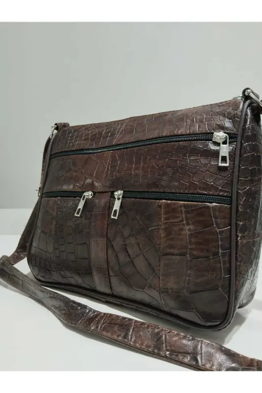 HAKİKİ DERİ KADIN ÇANTA (28CM X 24CM)-Kahverengi (KROKO) - 3