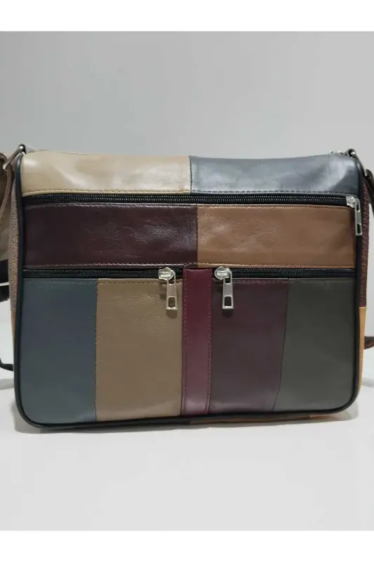 HAKİKİ DERİ KADIN ÇANTA (28CM X 24CM)-MAVİ SARI BORDO YEŞİL - 1