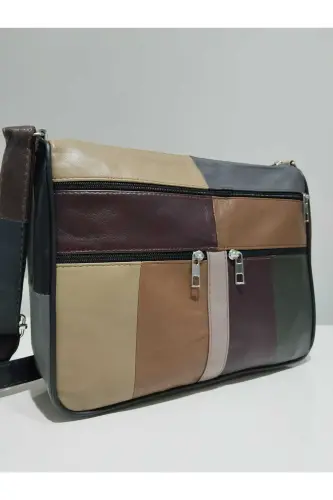 HAKİKİ DERİ KADIN ÇANTA (28CM X 24CM)-SARI TABA BORDO YEŞİL - 2