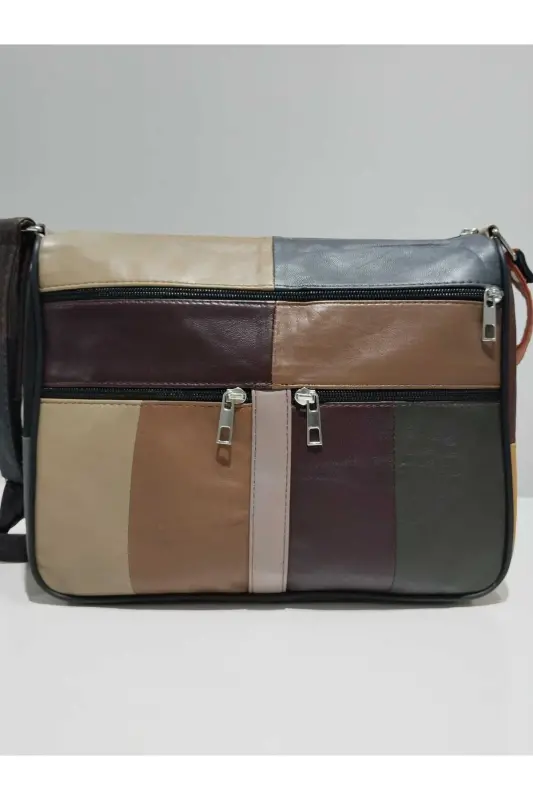 HAKİKİ DERİ KADIN ÇANTA (28CM X 24CM)-SARI TABA BORDO YEŞİL - 1