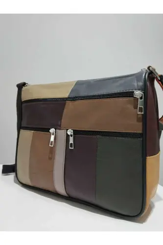 HAKİKİ DERİ KADIN ÇANTA (28CM X 24CM)-SARI TABA BORDO YEŞİL - 3