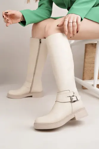 Hakiki Deri Kadın Günlük Uzun Çizme DC9902-BEJ - 1