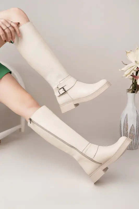 Hakiki Deri Kadın Günlük Uzun Çizme DC9902-BEJ - 3