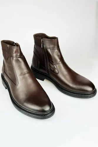 Hakiki Deri Kahverengi Fermuarlı Chelsea Erkek Kışlık Bot-Kahverengi 