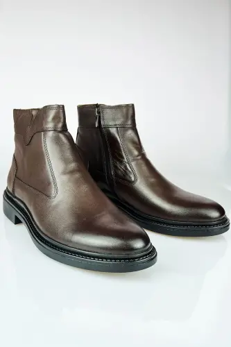 Hakiki Deri Kahverengi Fermuarlı Chelsea Erkek Kışlık Bot-Kahverengi - 5