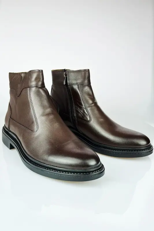 Hakiki Deri Kahverengi Fermuarlı Chelsea Erkek Kışlık Bot-Kahverengi - 5