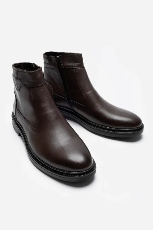 Hakiki Deri Kahverengi Fermuarlı Chelsea Erkek Kışlık Bot-Kahverengi - 6