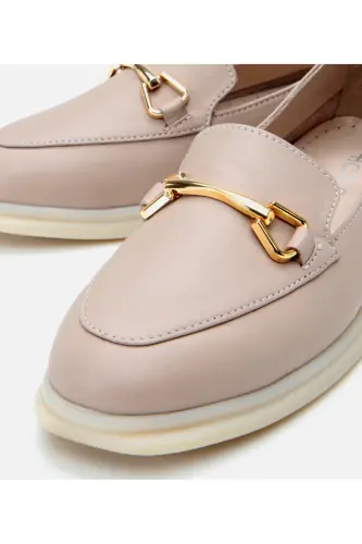 Hakiki Deri Pudra Kadın Tokalı Loafer - VİZON-TAUPE - 3